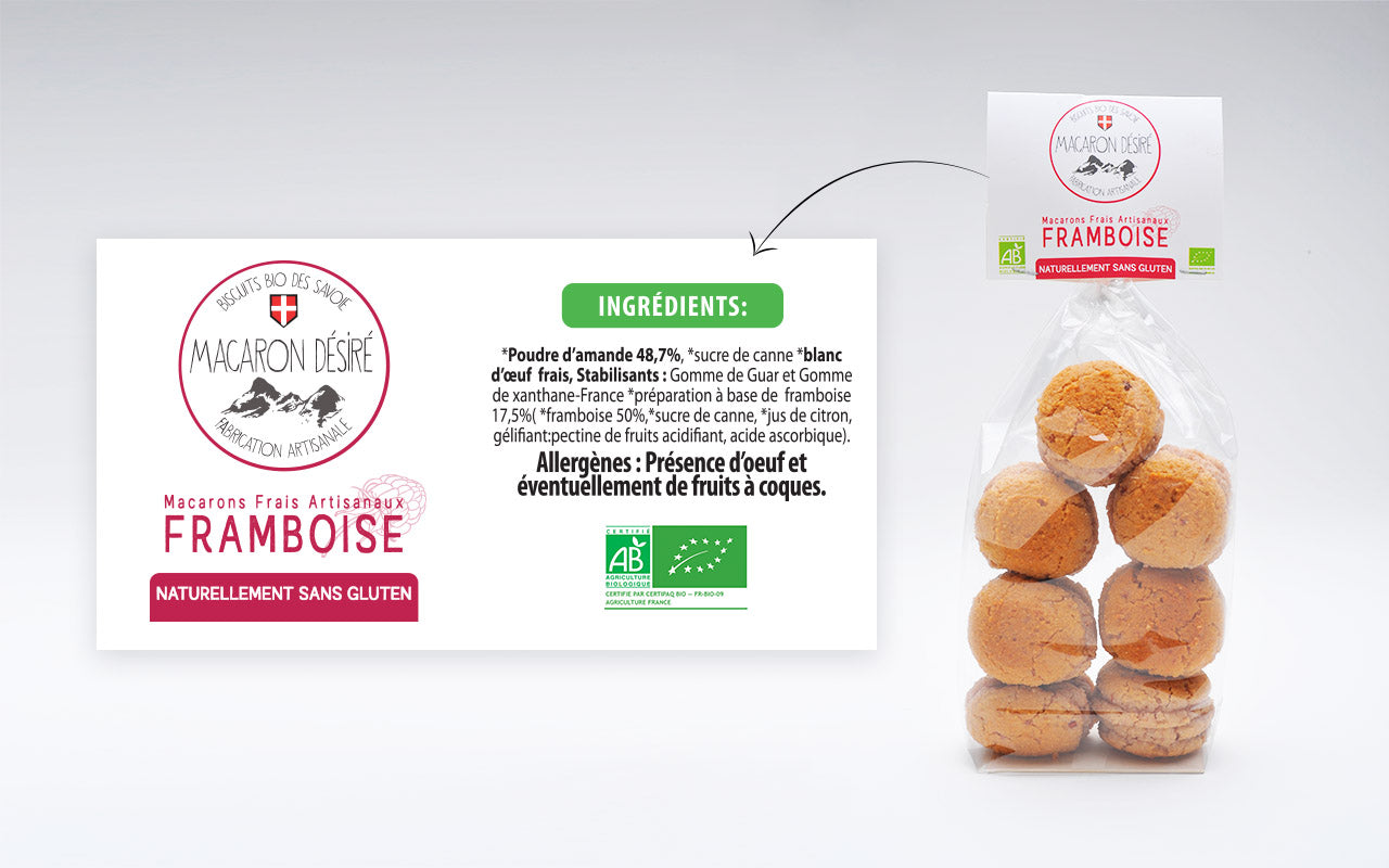 Macaron artisanal bio à la Framboise - Sachet de 150 g - Pack Éco