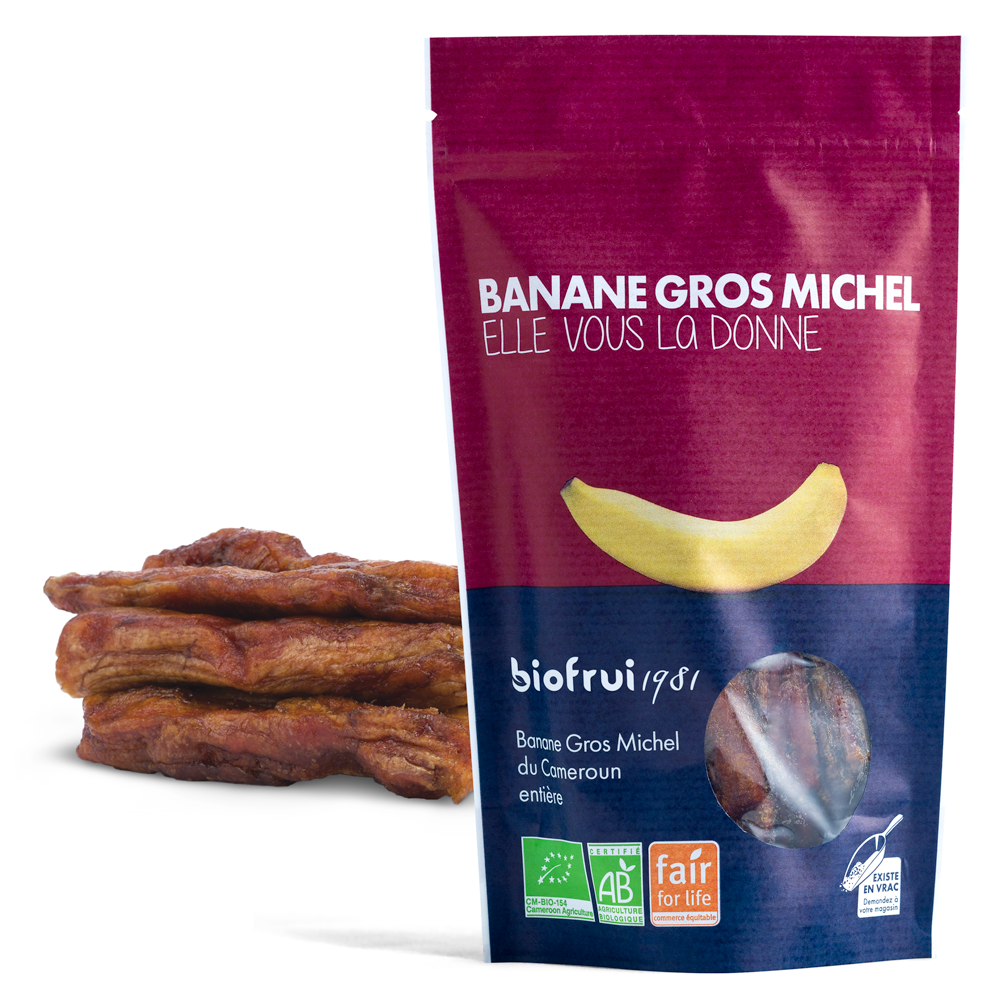 Banane Gros Michel séchée entière bio et équitable du Cameroun - Sachet 150g imprimé éco-conçu