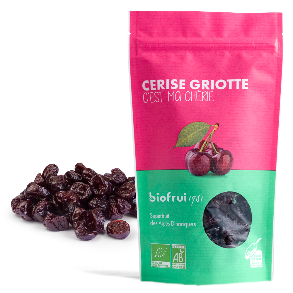 Cerise Griotte séchée entière bio des Alpes Dinariques - Sachet 100g imprimé éco-conçu
