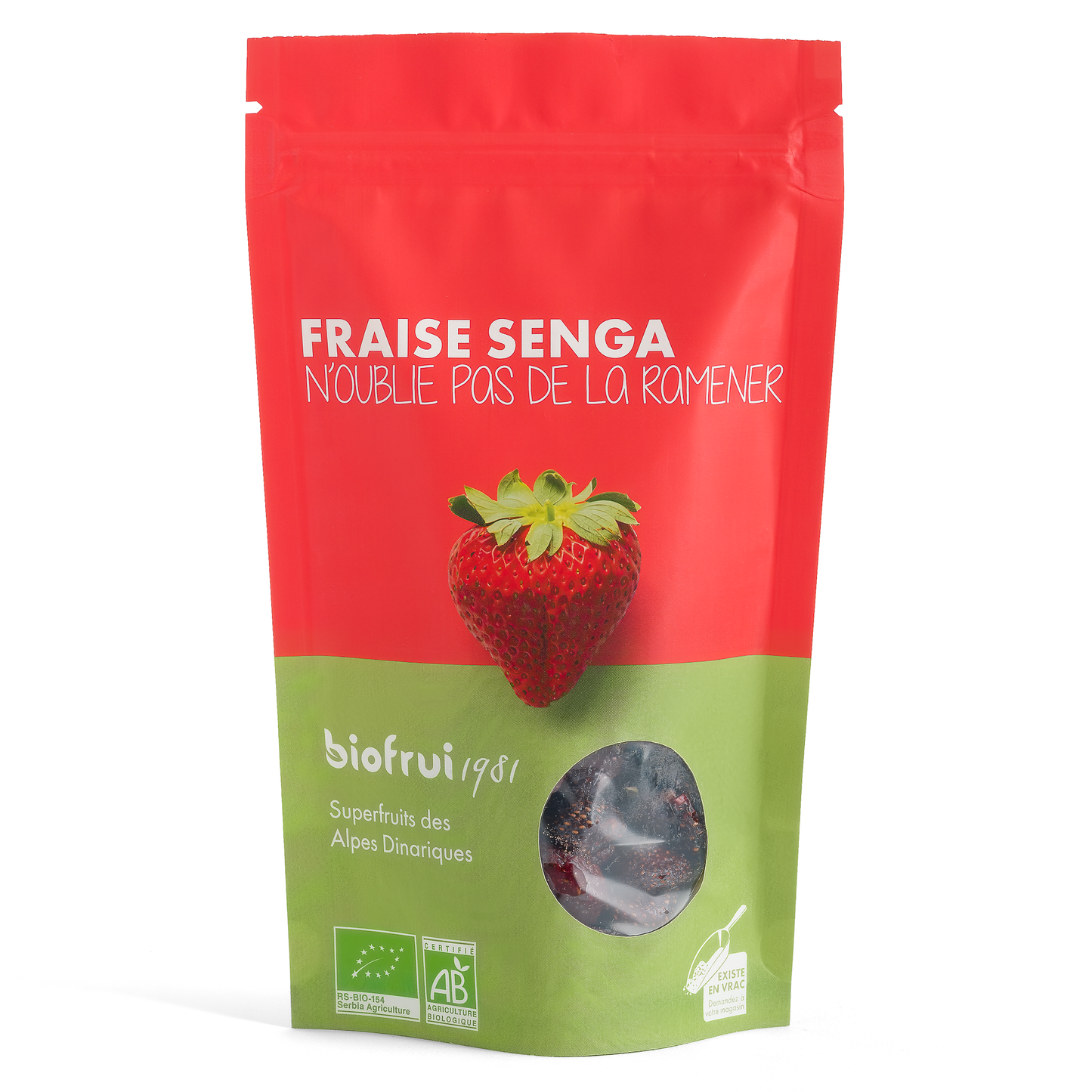 Fraise Senga Bio séchée entière des Alpes Dinariques - Sachet 100g imprimé éco-conçu - Pack Éco