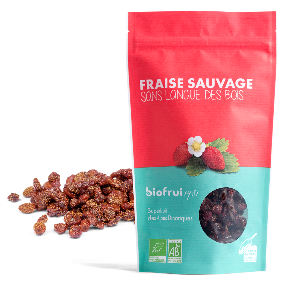 Fraise sauvage séchée entière bio des Alpes Dinariques - Sachet 100g imprimé éco-conçu