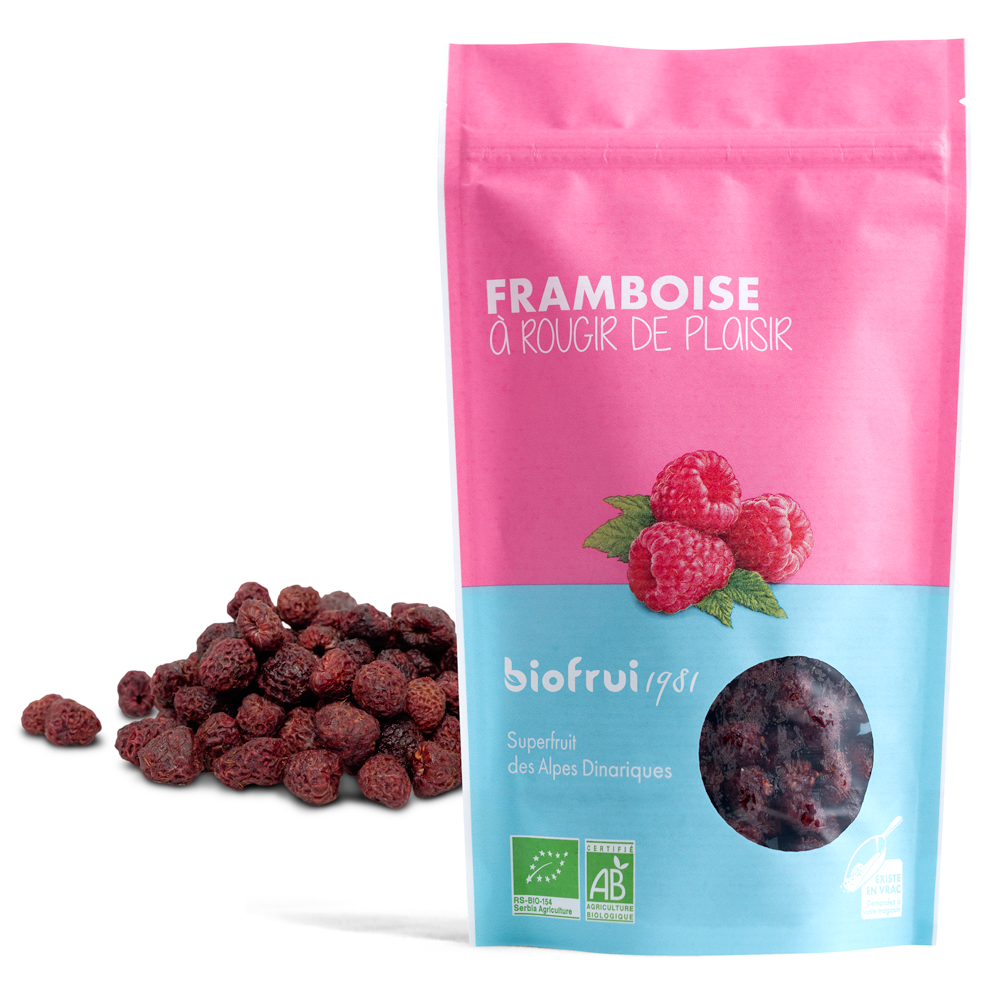 Framboise séchée entière bio des Alpes Dinariques - Sachet 100g imprimé éco-conçu