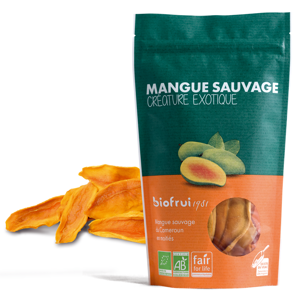 Mangue sauvage séchée en moitié bio et équitable du Cameroun - Sachet 100g imprimé éco-conçu