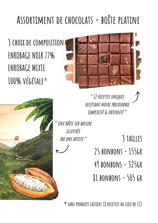 Boîte Platine - Assortiment de bonbons chocolats 100% BEAN TO BAR - Boîte décoré