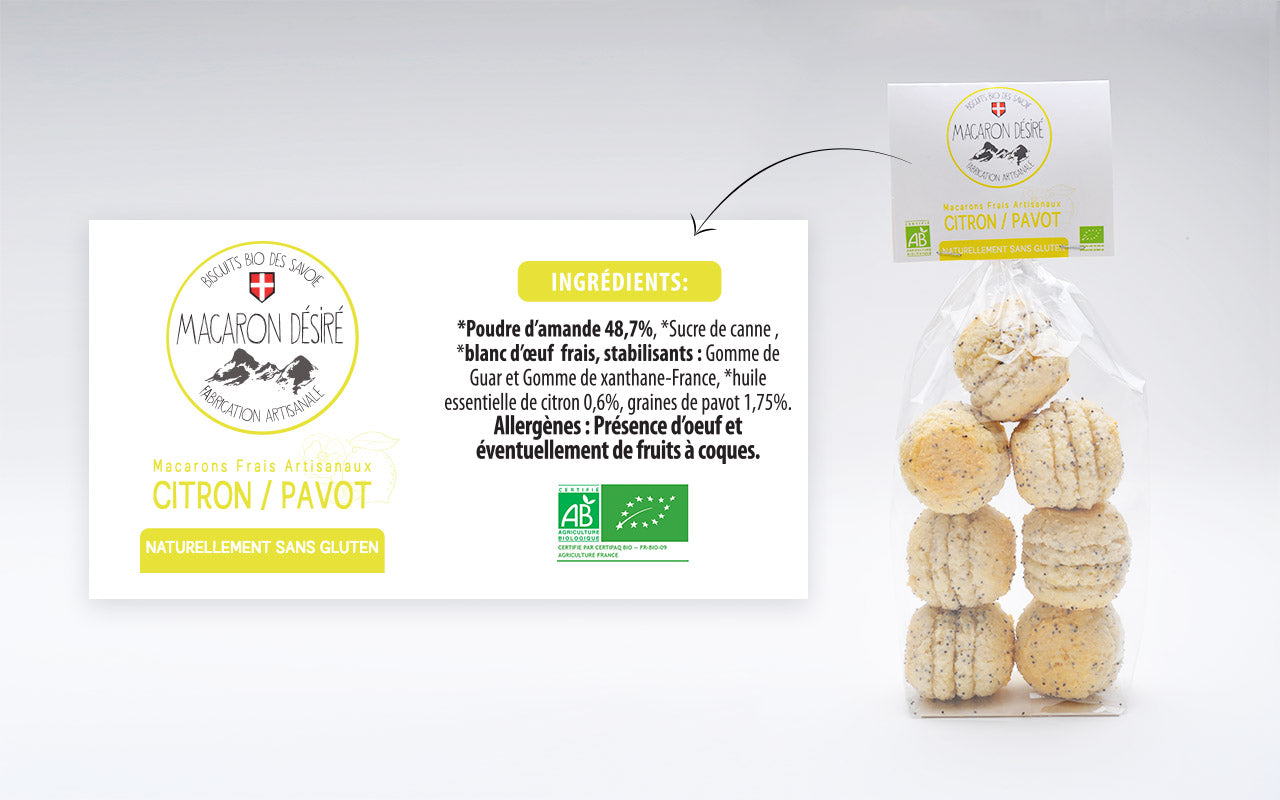 Macaron Artisanal bio au Citron et à la graine de Pavot - Sachet de 150 g - Pack Éco