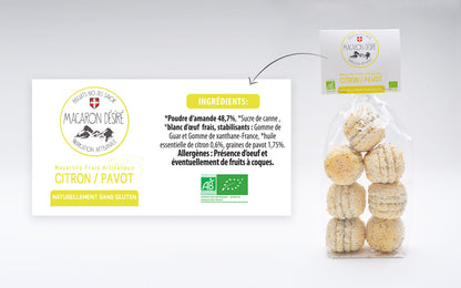 Macaron Artisanal bio au Citron et à la graine de Pavot - Sachet de 150 g - Pack Éco