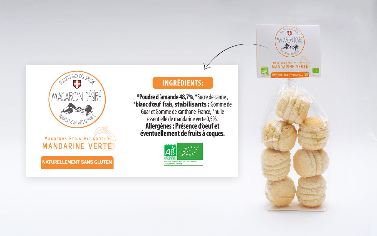Macaron Artisanal bio à la Mandarine verte - Sachet de 150 g - Pack Éco