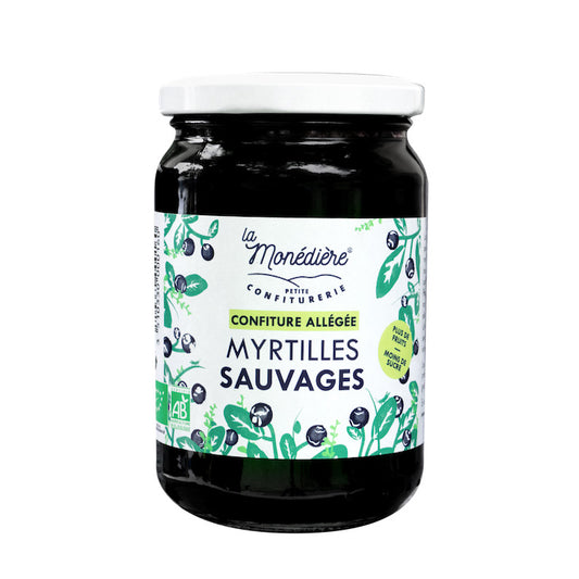 Confiture de myrtille sauvage Bio allégée en sucre (75% de fruit) - Pot de 340 g - Pack Éco