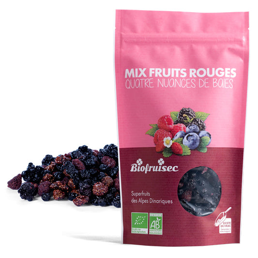 Mix Superfruits rouges séchés entiers bio des Alpes Dinariques - Sachet de 100 g imprimé éco-conçu - Pack Éco