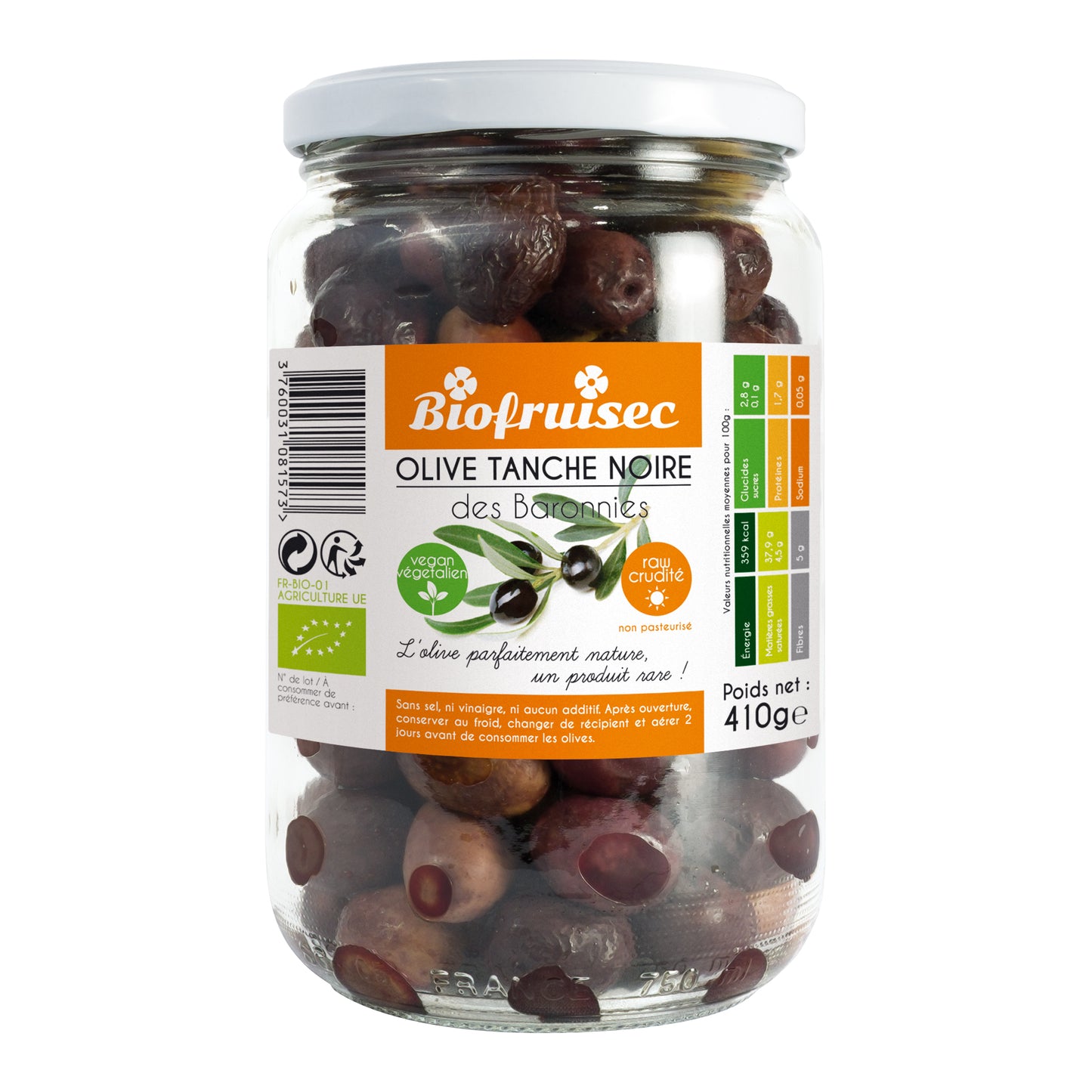 Pack "Eco": Olive Tanche noire des Baronnies au naturel (non pasteurisée) en pot de 410 g, carton de 12 unités (-15%)