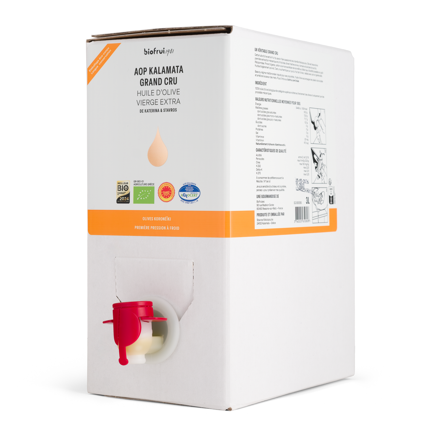 Huile d'olive Koronéïki bio de Kalamata AOP Vierge Extra Grand cru - Bib 3L