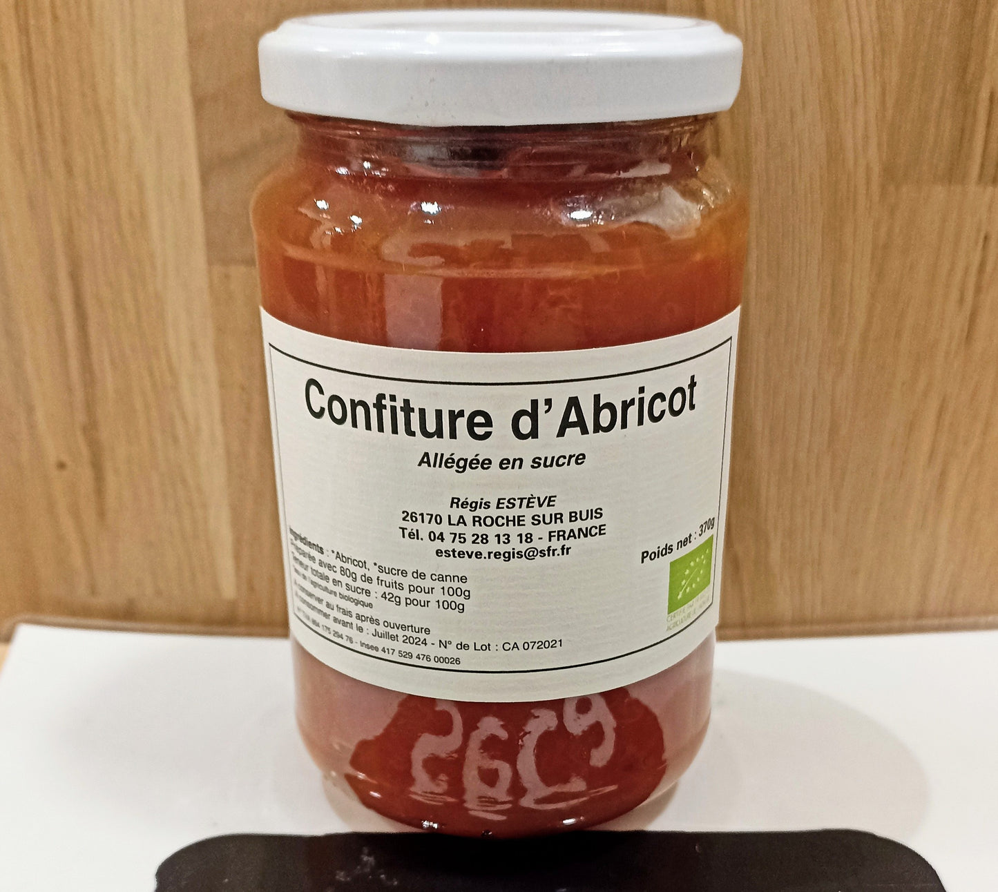 Confiture d'Abricot Bio Allégée en sucre (80% de fruit) - Pot de 370 g